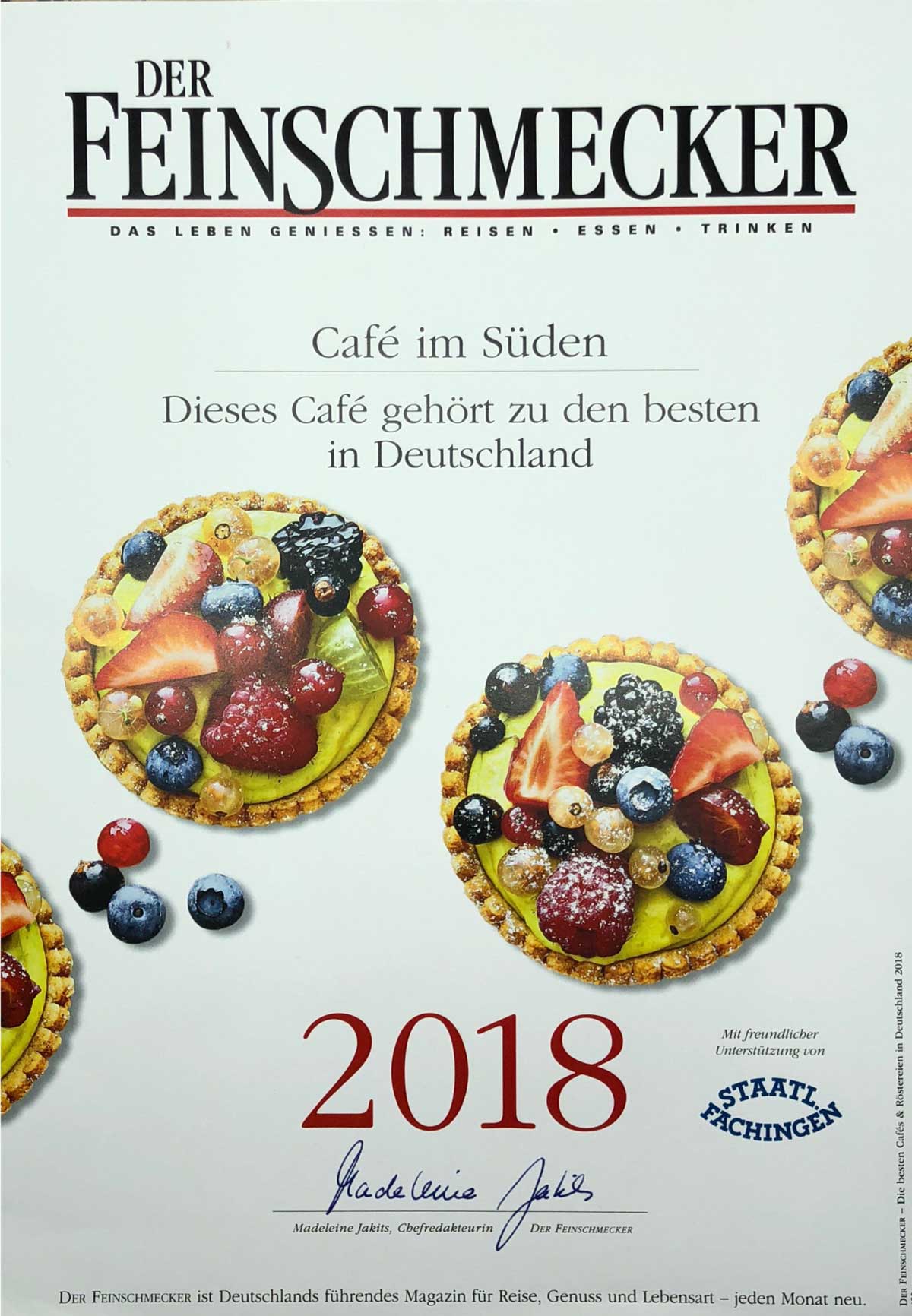 Urkunde - Der Feinschmecker - Das Cafe im Süden gehört zu den besten Cafes in Deutschland